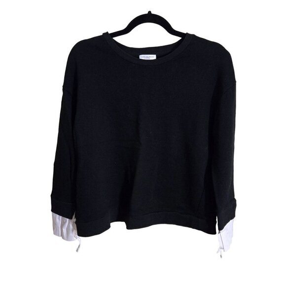 Carolina Belle Black Crewneck Sweater White Contrast Cuffs Size L - Picture 1 of 5